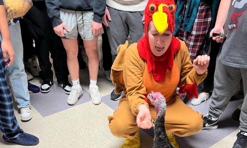 Amy Riggs feeds a turkey while in a turkey costume.
