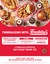 Red and white flyer with fast food laid out on a table